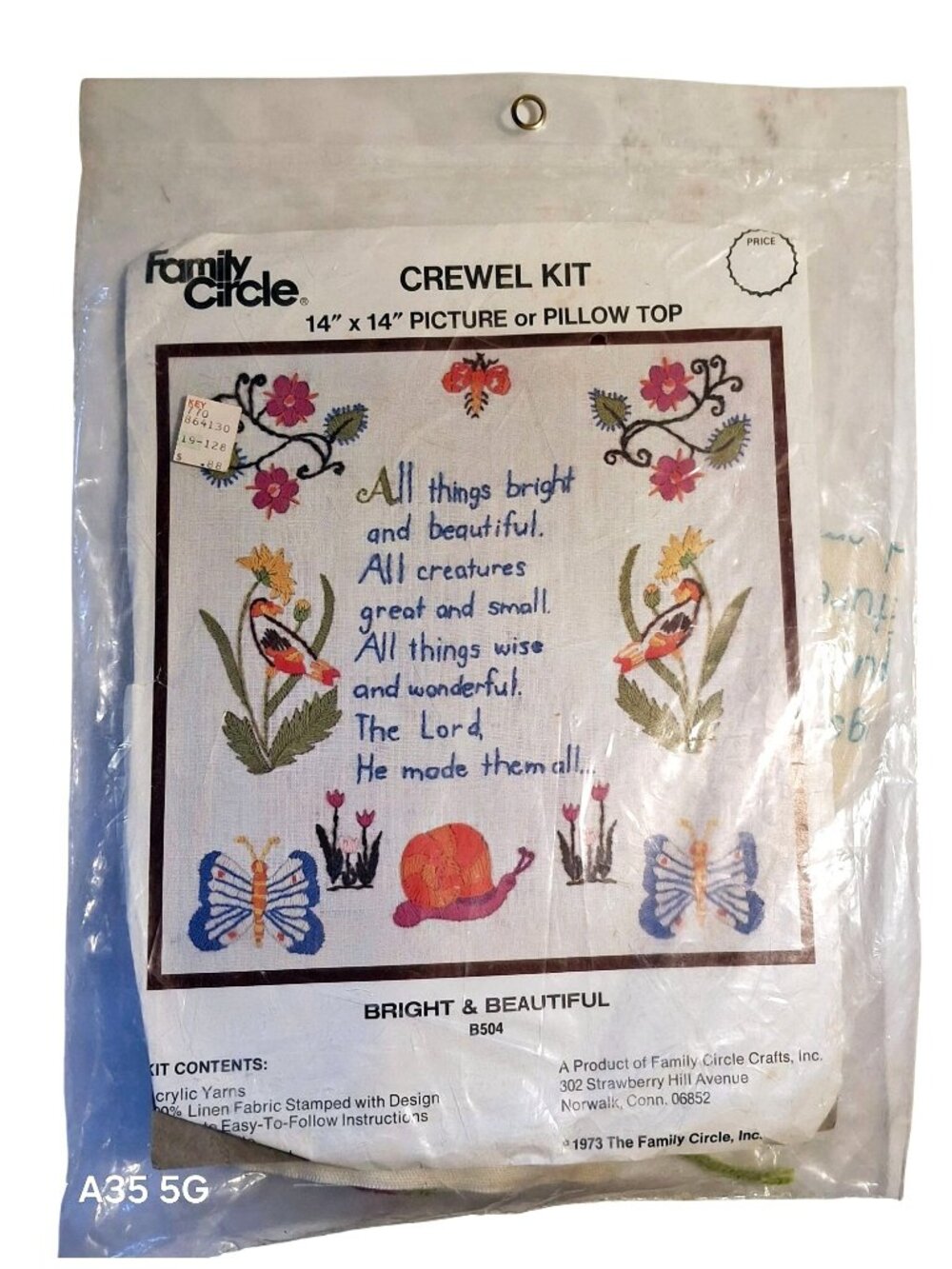 Family Circle 1973 Crewel Kit "Bright & Beautiful" 14"x14" Picture Or Pillow Top